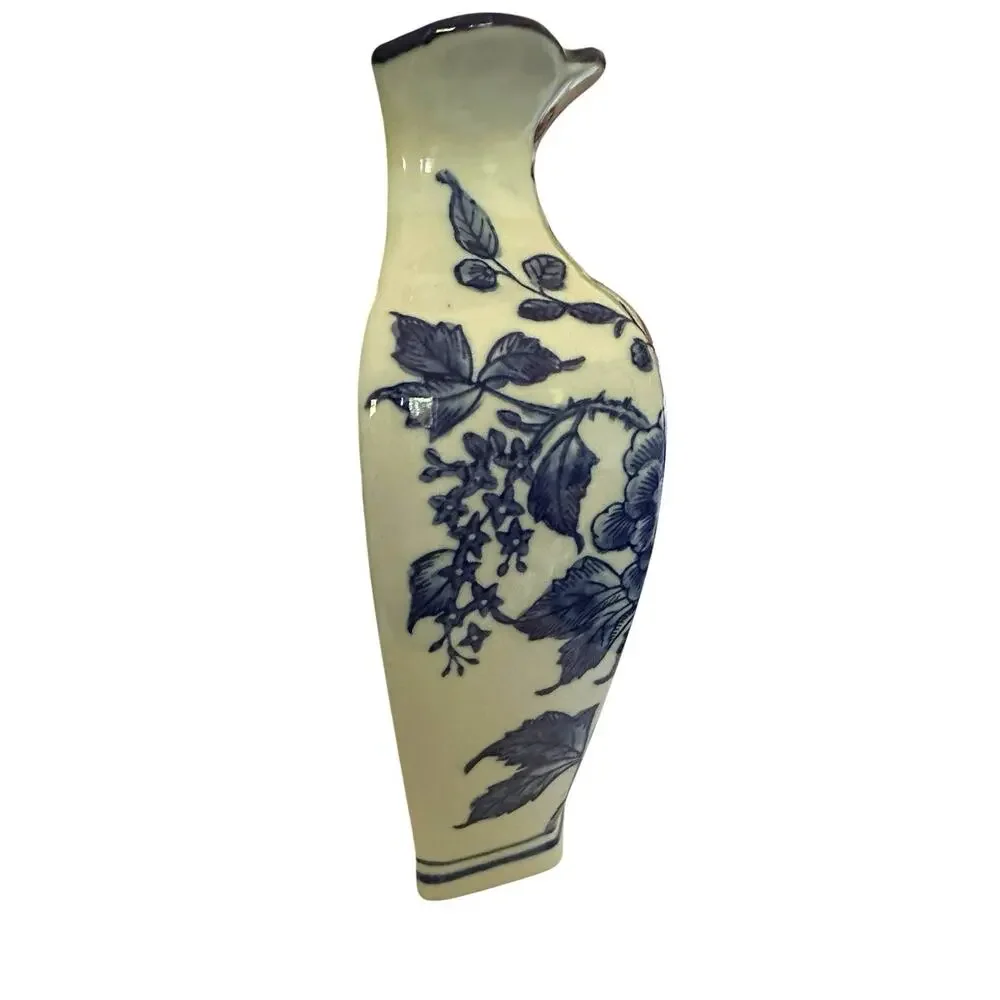 2 New Chinese Blue & White Rosé Transfer Wear Chinoiserie Pocket Wall Vase 10” T